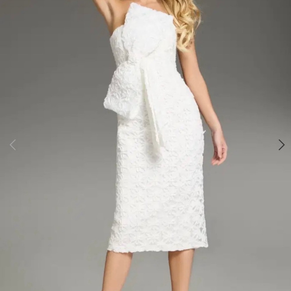 JOVANI Strapless Floral Embroidered Midi Dress with Bow Accent #39076